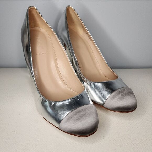 J CREW $278 Silver Cap Toe Chunky Heels Women's Size 10 RARE NWOT - Picture 1 of 6